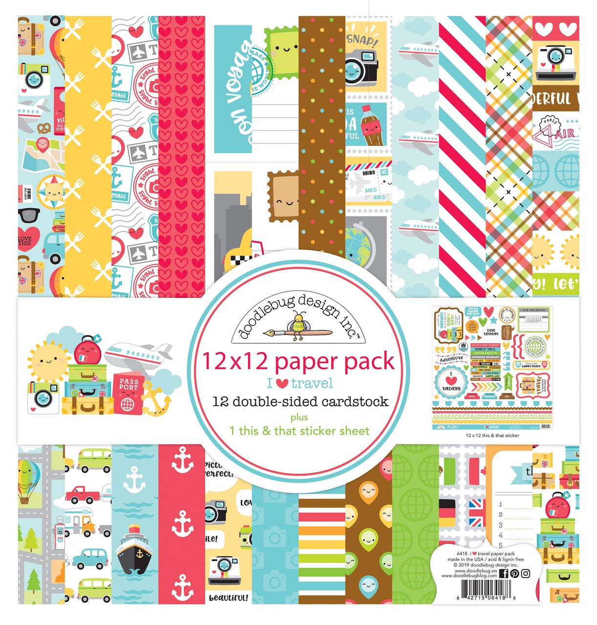 Doodlebug Double-Sided Paper Pack 12"X12" 12/Pkg-I Heart Travel